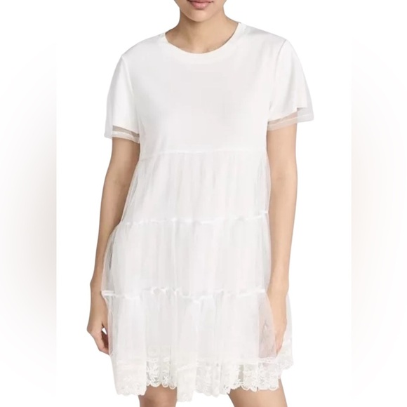 Alice & Olivia Off White Babydoll Dreema Tulle Tee Lace Tiered Mini Dress size L - Picture 5 of 15